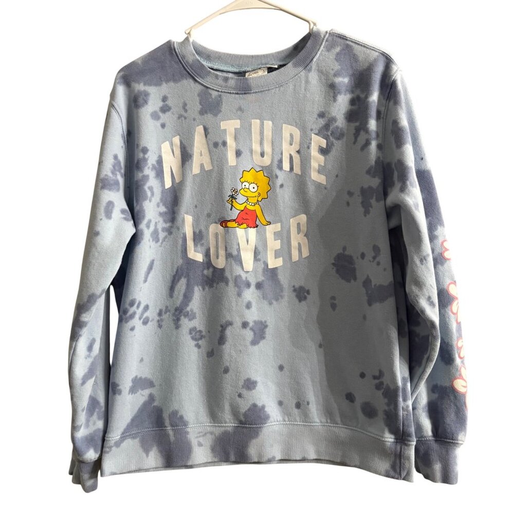 The Simpsons Nature Lover Blue Tie-Dye Sweatshirt W/ Floral Sleeves Womens M